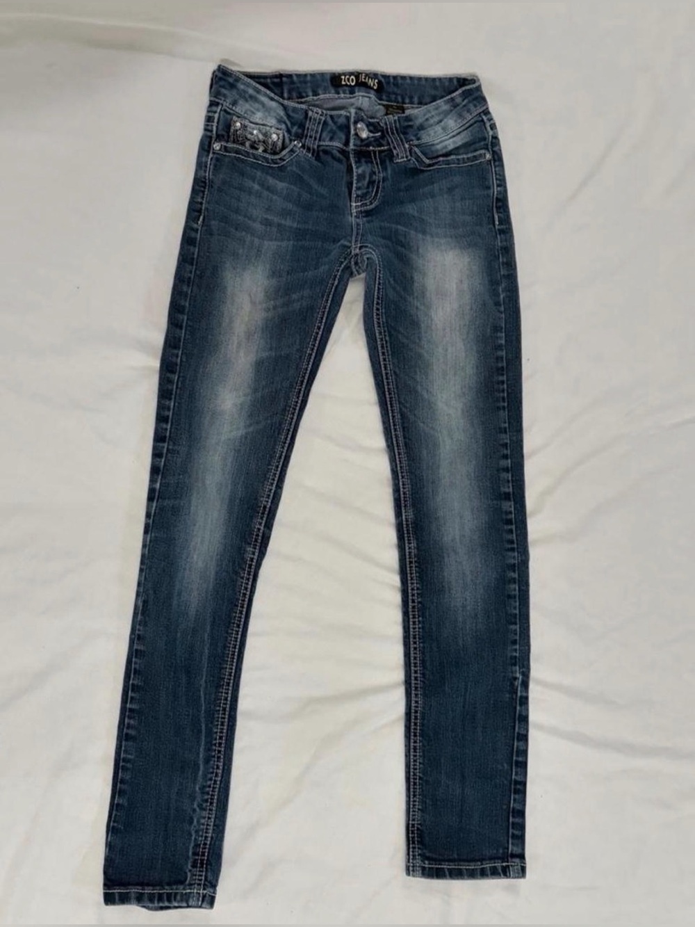 ZCO JEANS Embellished Rhinestone Flap Pocket Skinny Jeans Size 1 Medium Wash